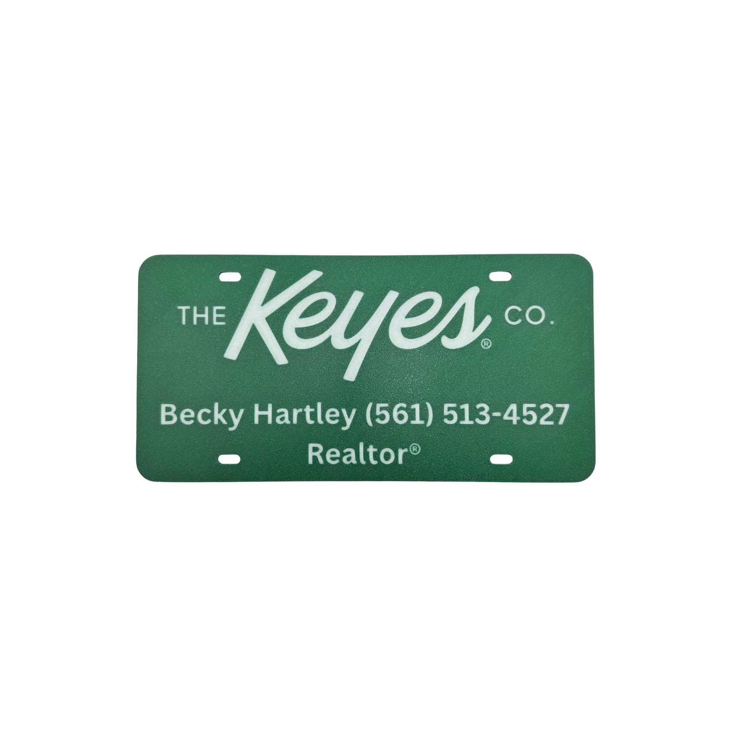 Customized License Plate - 'The Keyes Co.' Logo with 2 Customizable Lines (Green with Natural Text/Numbers)