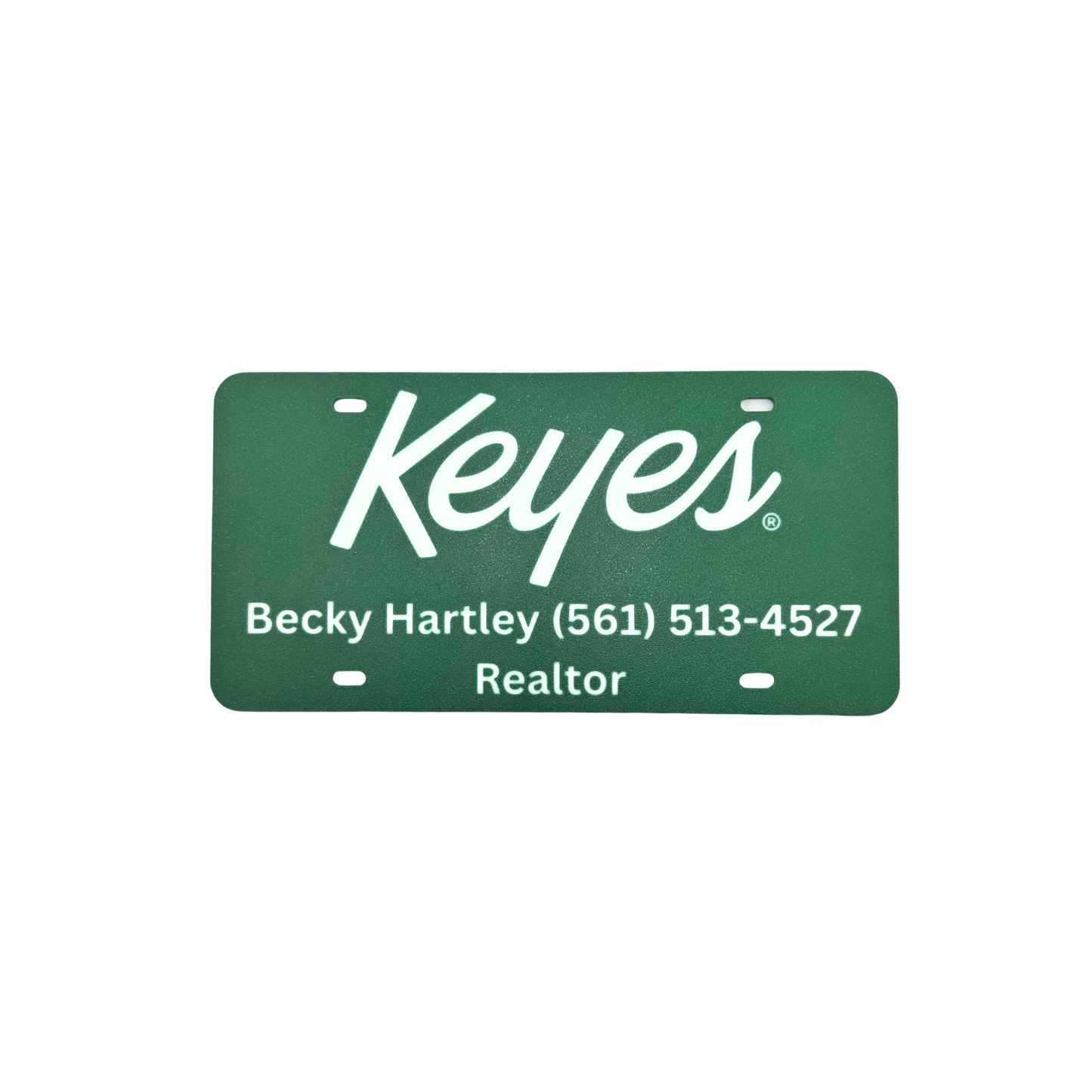 Customized License Plate - 'Keyes' Logo with 2 Customizable Lines (Green with White Text/Numbers)