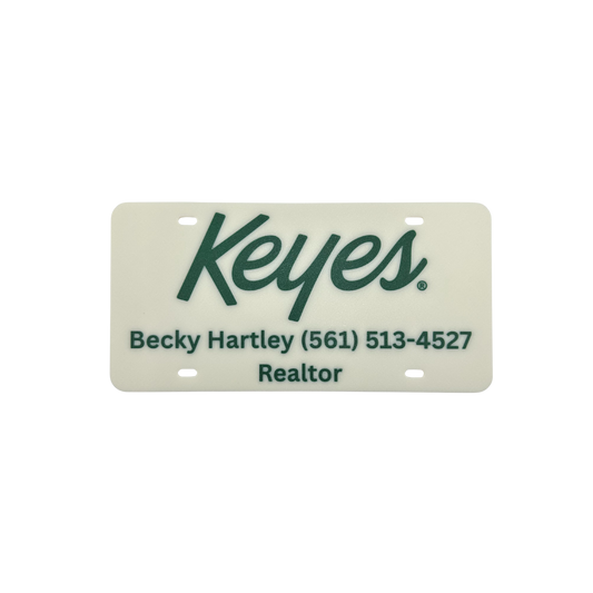 Customized License Plate - 'Keyes' Logo with 2 Customizable Lines (Natural with Green Text/Numbers)