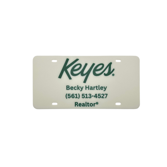 Customized License Plate - 'Keyes' Logo with 3 Customizable Lines (Natural with Green Text/Numbers)