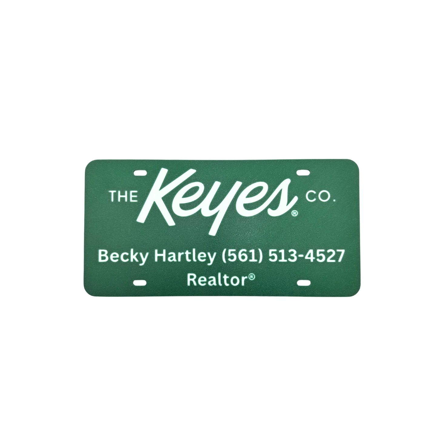 Customized License Plate - 'The Keyes Co.' Logo with 2 Customizable Lines (Green with White Text/Numbers)