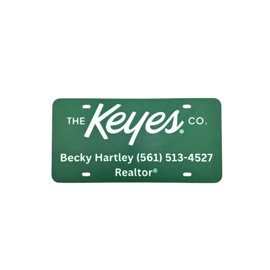 Customized License Plate - 'The Keyes Co.' Logo with 2 Customizable Lines (Green with White Text/Numbers)