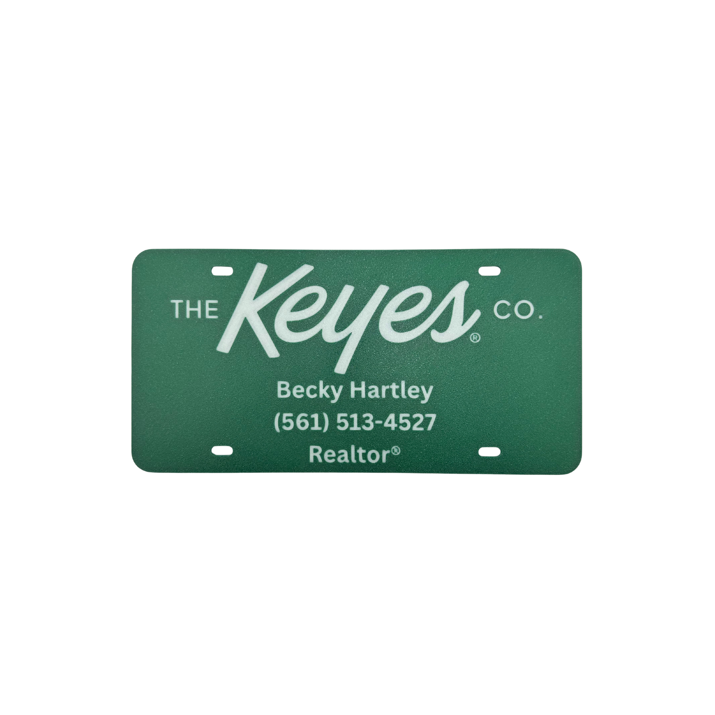Customized License Plate - 'The Keyes Co.' Logo with 3 Customizable Lines (Green with Natural Text/Numbers)