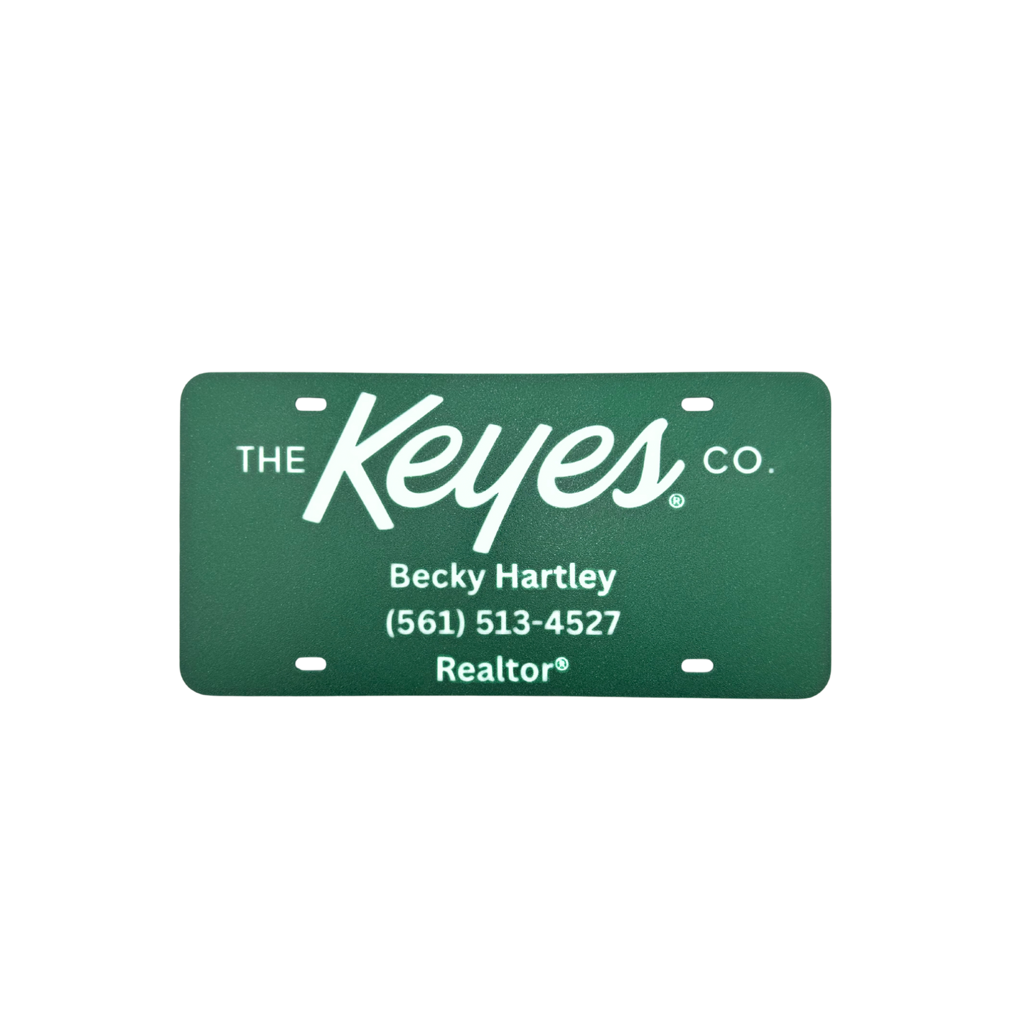Customized License Plate - 'The Keyes Co.' Logo with 3 Customizable Lines (Green with White Text/Numbers)