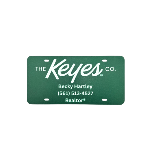 Customized License Plate - 'The Keyes Co.' Logo with 3 Customizable Lines (Green with White Text/Numbers)