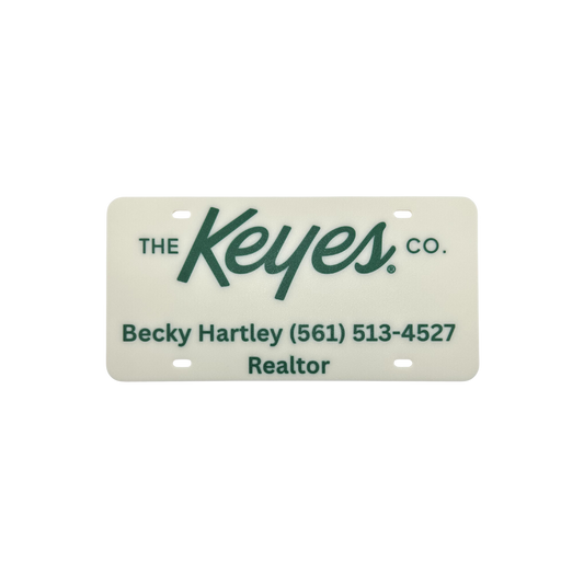 Customized License Plate - 'The Keyes Co.' Logo with 2 Customizable Lines (Natural with Green Text/Numbers)
