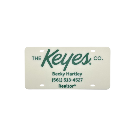 Customized License Plate - 'The Keyes Co.' Logo with 3 Customizable Lines (Natural with Green Text/Numbers)